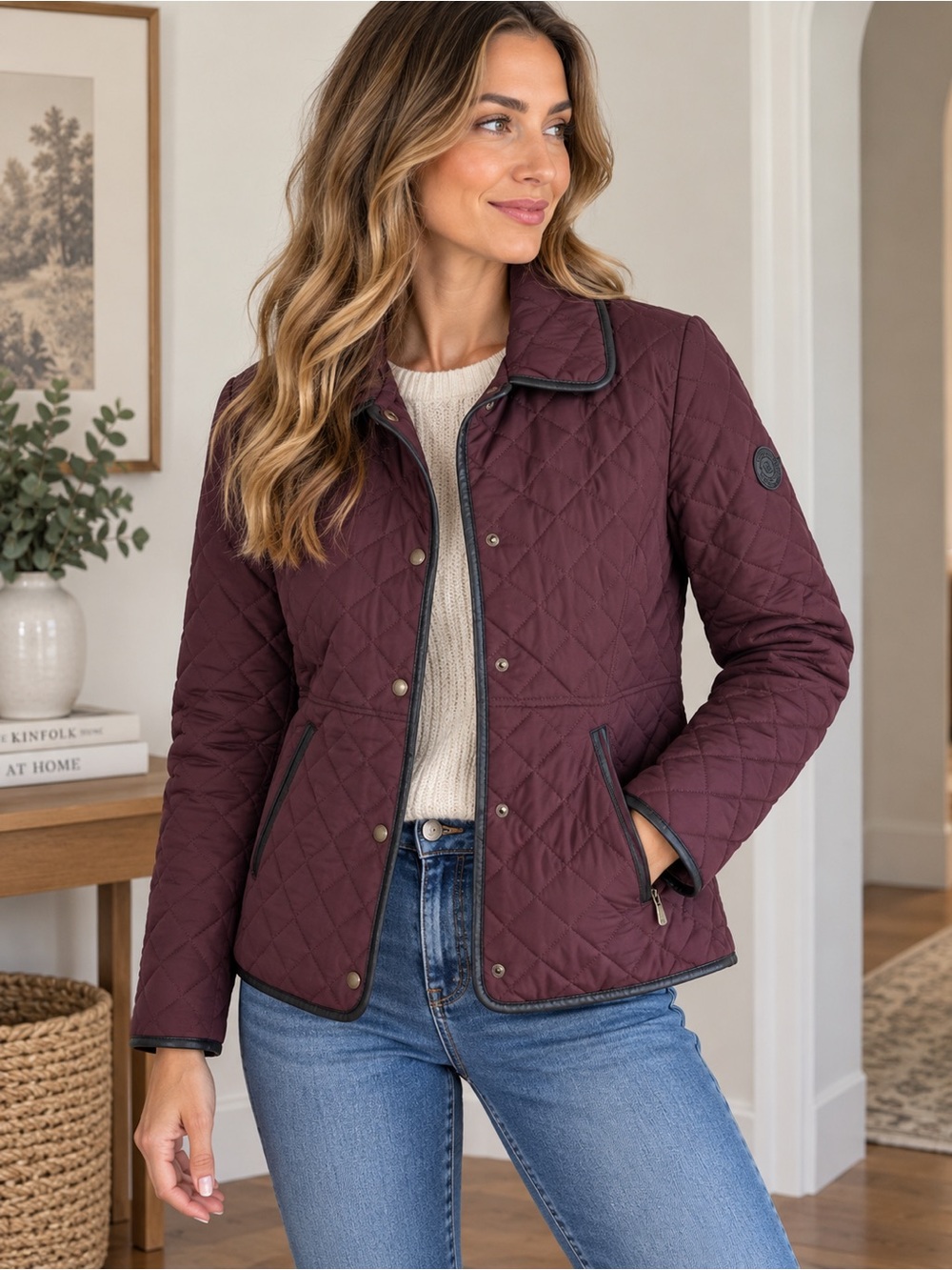Lauren Ralph Lauren Burgundy Quilted Jacket M Faux Leather Trim